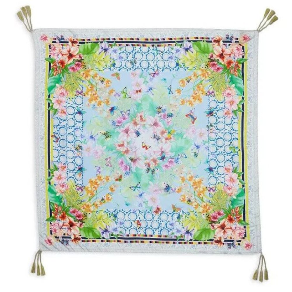 Johnny Was Cozumel Silk Scarf Flower Square Large Floral Green Tassel Scarves NW